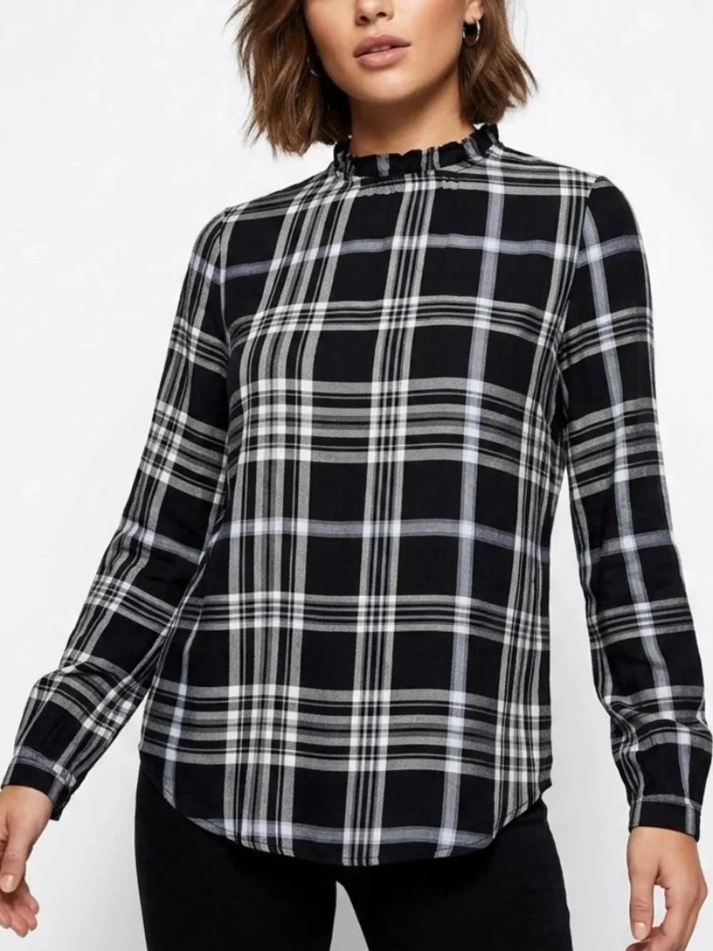LOFT Dark Academia Plaid Ruffle Neck Tie Back Blouse XS